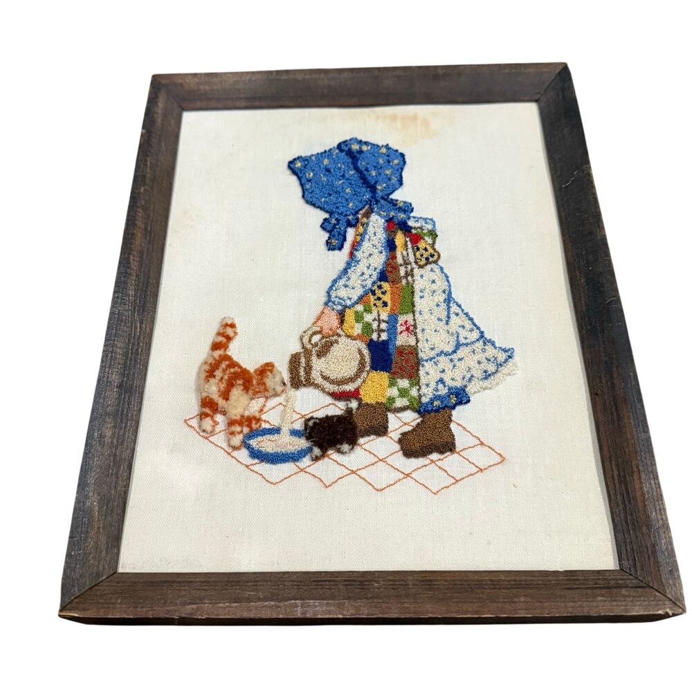 VTG Holly Hobbie Girl Kittens Embroidered / Crewel Framed Art Approximately 9x11